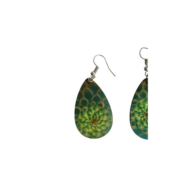 Green Geometric Drop Earrings With Fishhook Back - Picture 2 of 3